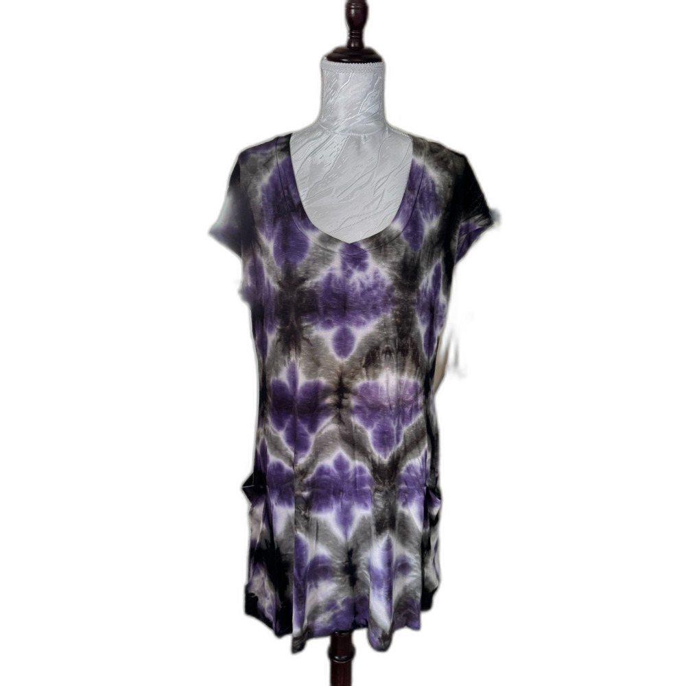 Lucky Brand purple and black tie-dye scoop-neck pocket swim cover-up dress NWT
